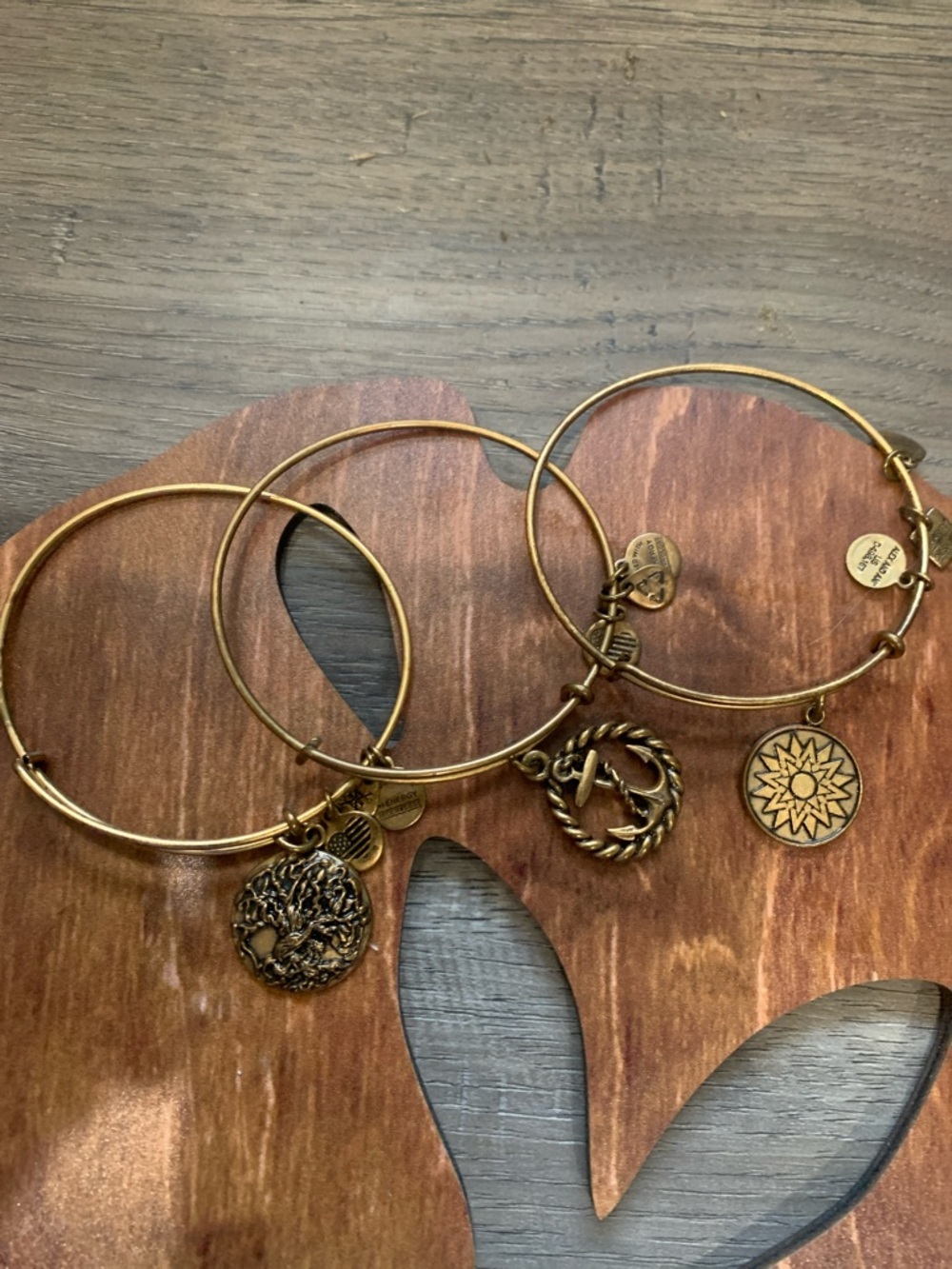 Alex and Ani Gold Tone Charm Bangle Set of 3 - Tree of Life, Anchor, & Sunburst